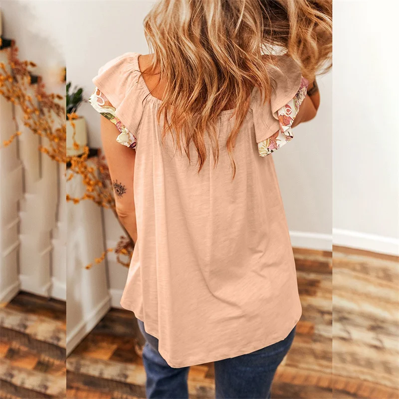 Women's Elegant Botanical Flower Double Ruffle Sleeve Square Neck T-Shirt