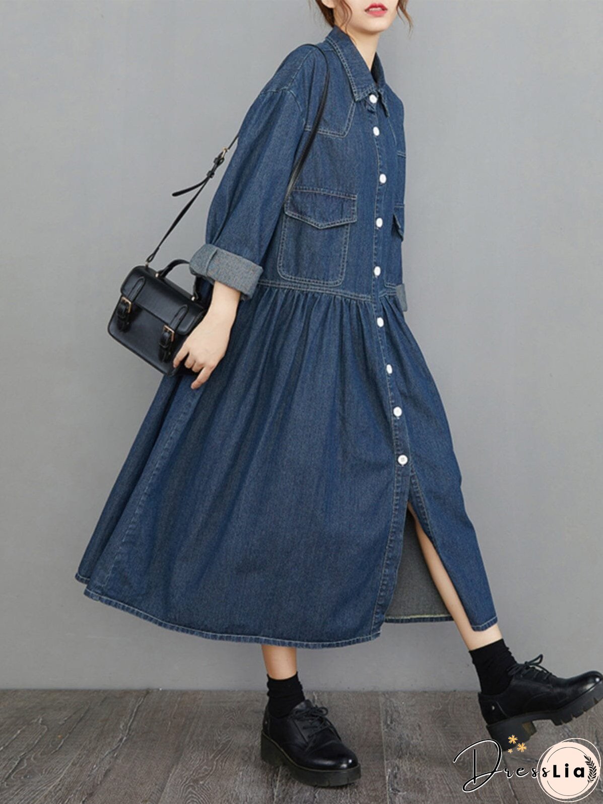 Spring Minimalist Loose Casual Denim Dress Long Sleeve
