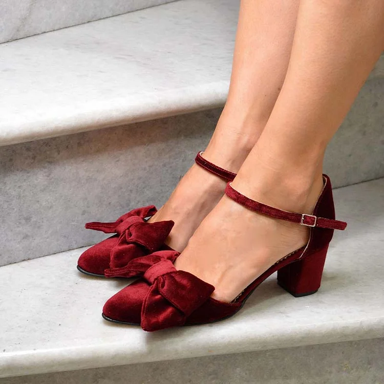 Burgundy Ankle Strap Block Heels Women's Velvet Shoes Elegant Pumps |FSJ Shoes