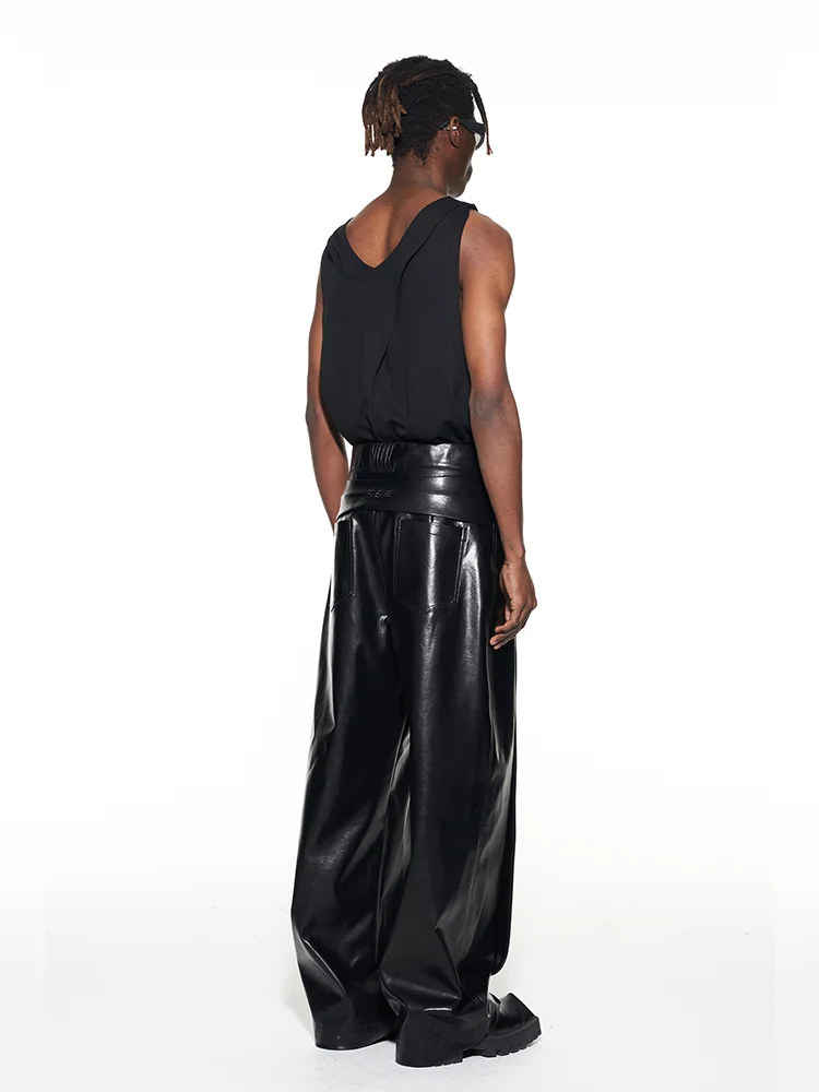 Aonga Spring Autumn Long Loose Casual Baggy Black Shiny Reflective Patent Pu Leather Pants Men Wide Leg Trousers Fashions aonga