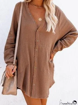 Dresses Slot Pocket V-Neck Long Sleeve Shirt Dress for Women