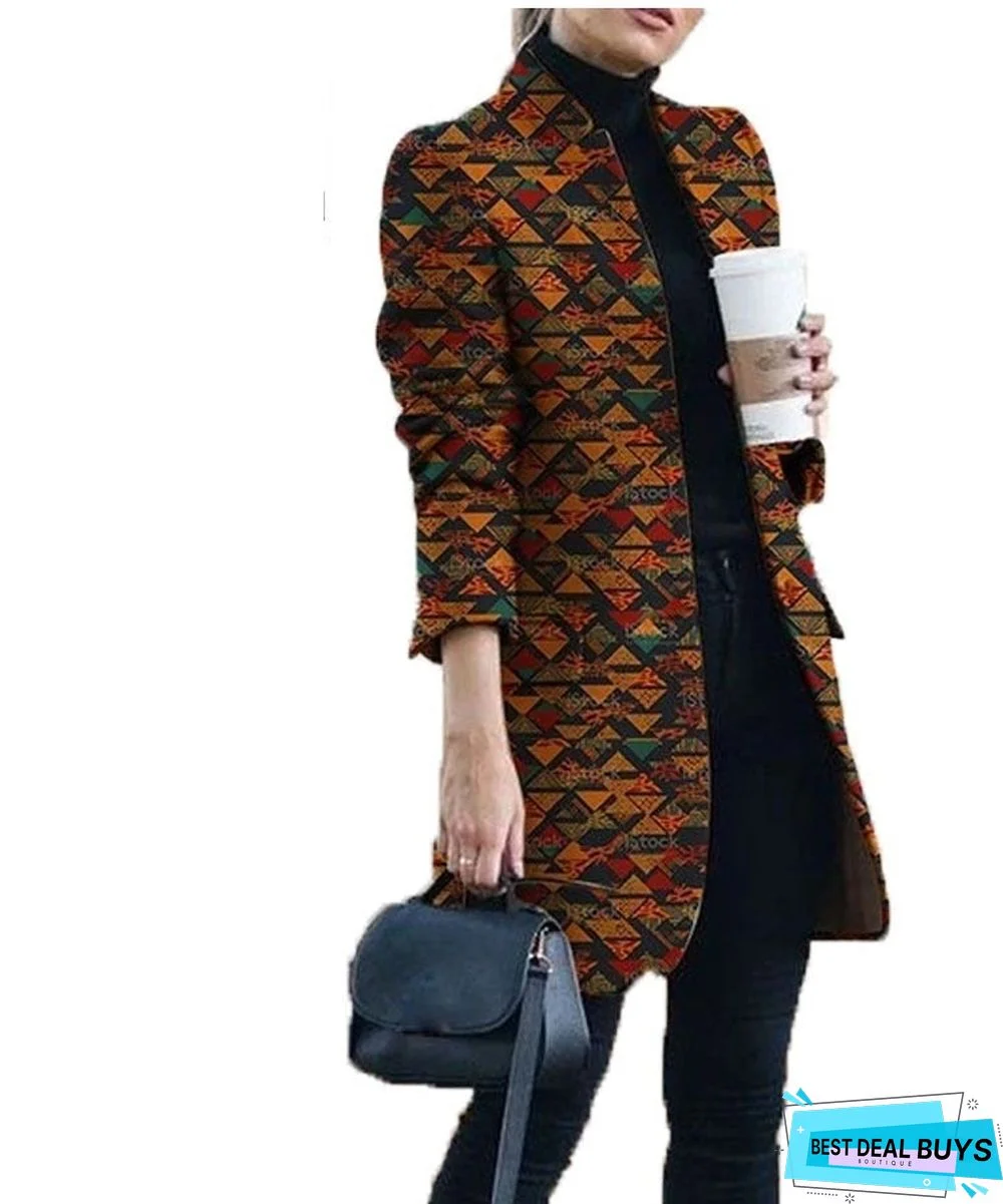 New Autumn and Winter Fashion Print Collar Woolen Coat Women