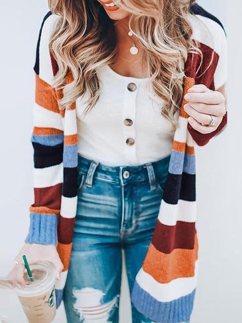 Stripe Splicing Knitted Sweater Cardigan-elleschic