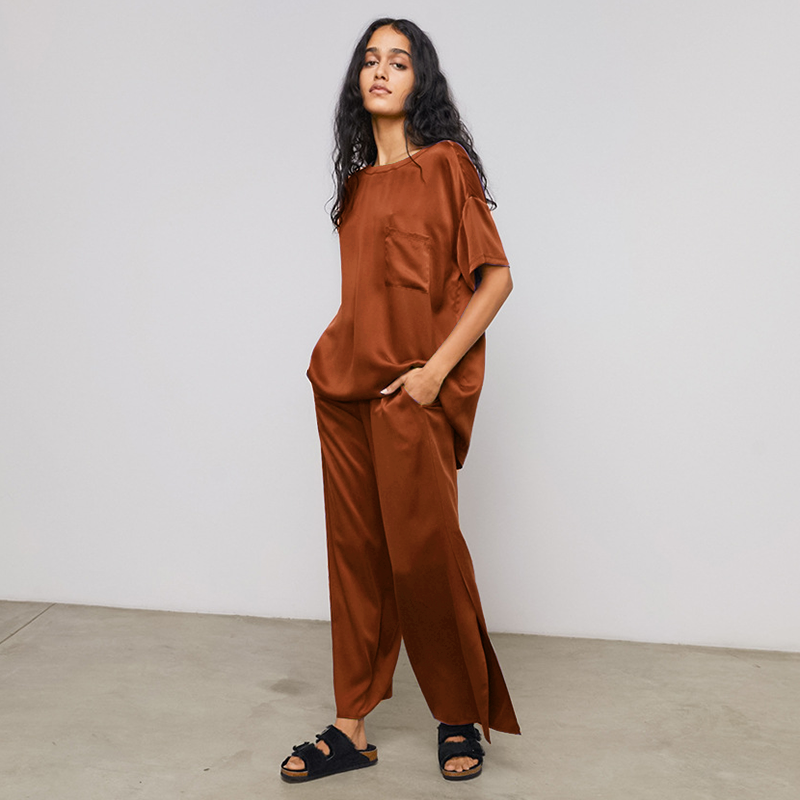 22 Momme Round Neck Silk Pajamas Orange Silk Pajamas