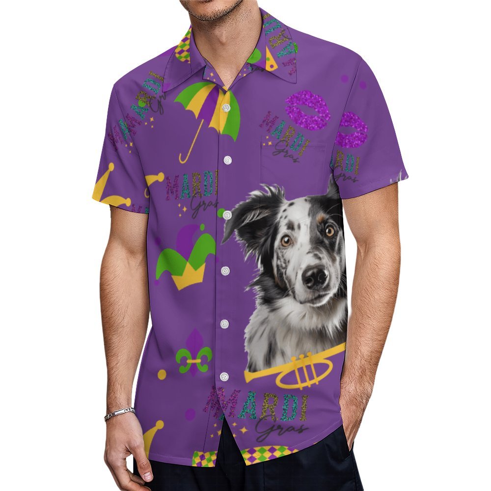 Mardi Gras Custom Photo Family Pet Face Hawaiian Shirt for Men Personalized Short Sleeve Button Down Tropical Beach Shirts