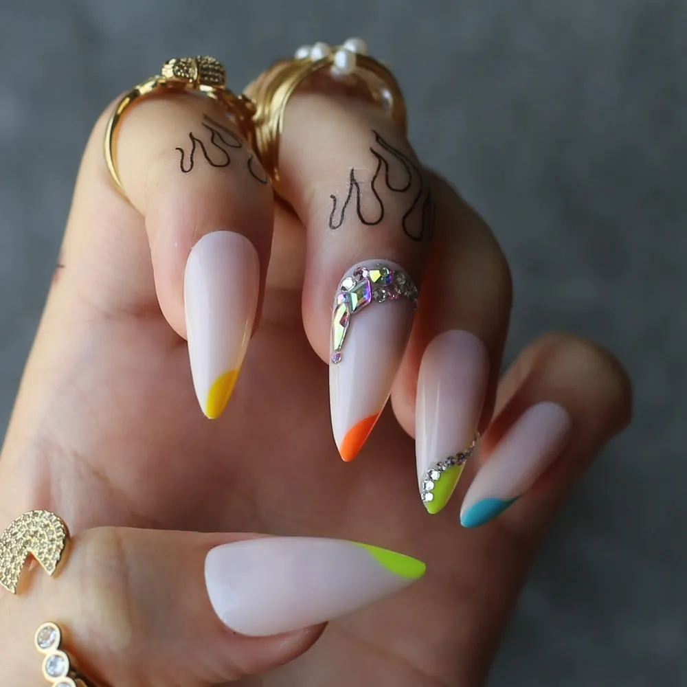 French Rainbow false nails stiletto gel Handmade diamonds Art Fluorescence Nude Neon long Fake Nails Side Colorful Box gift-Nail Inspo