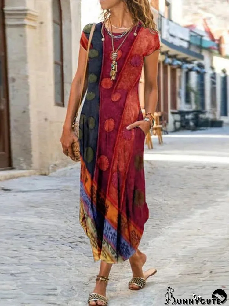 Women Short Sleeve Scoop Neck Floral Printed Maxi Dress