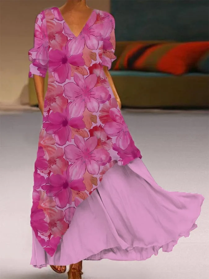Women's Vintage Botanical Floral Design V-Neck Pocket Double Layer Dress