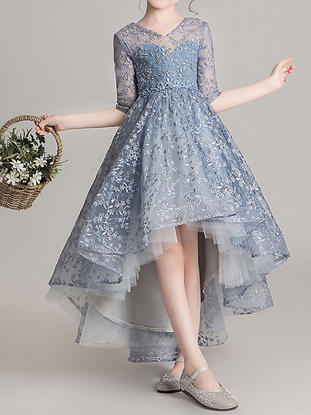 Oknass Ball Gown Half Sleeve Jewel Neck Flower Girl Dresses  Polyester  With Appliques