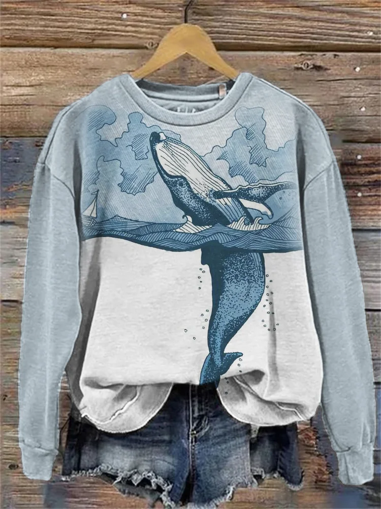 Sweatshirt „Wal Art“ in Kontrastfarbe mit Waschung