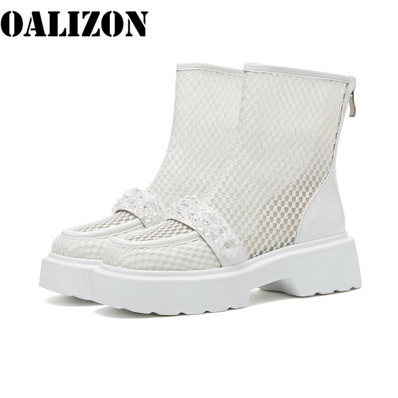 Women's Lady Summer 2021 New Mesh Air Hollow Out Breathable Zipper Chains Sandal Boots Shoes Woman Block Heels Cool Boots Shoes