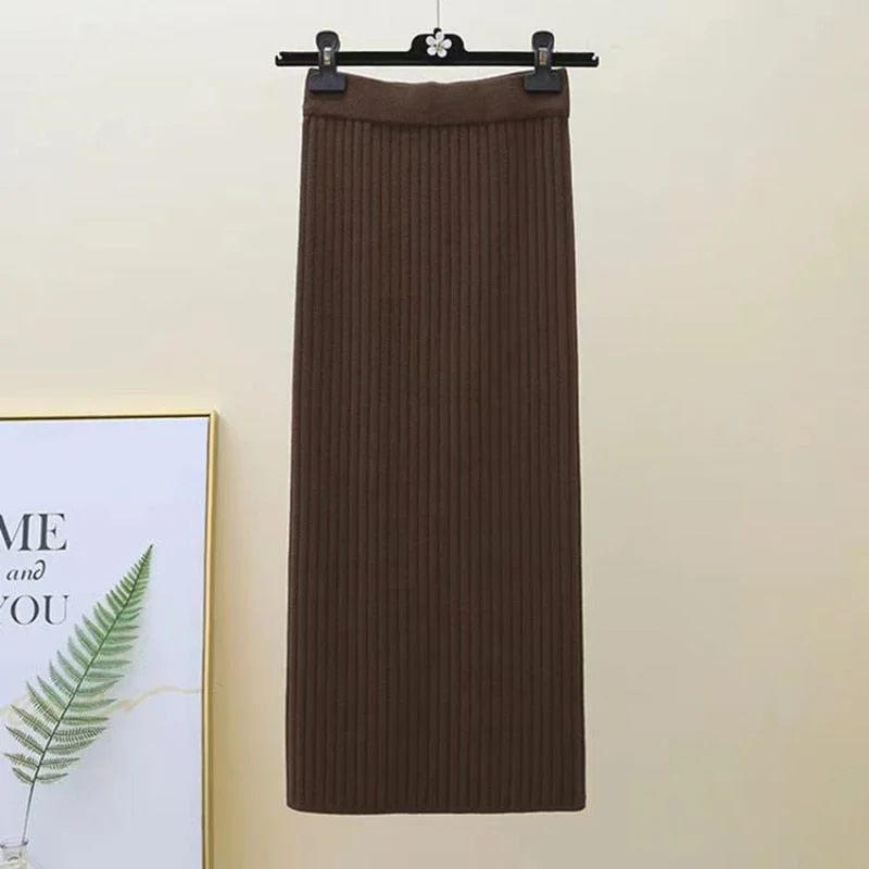 Zoki Winter Women Sweater Skirt New 2021 Knitted Midi Skirts Korean Elastic High Waist Elegant Autumn Split Fork Black Faldas