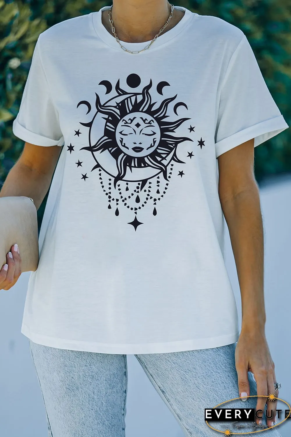 White Sun Moon Face Print Short Sleeve Graphic T-shirt