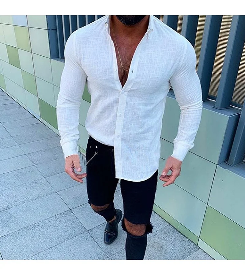 Men Casual Lapel Solid Color Long-sleeve Shirt M-3XL