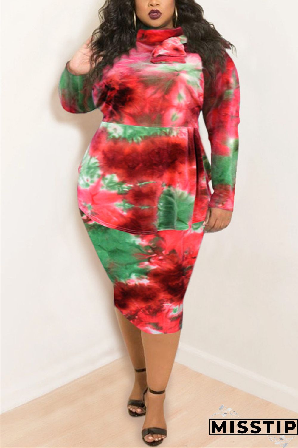Orange Fashion Casual Plus Size Print Tie Dye Tie-dye Turtleneck Printed Dress