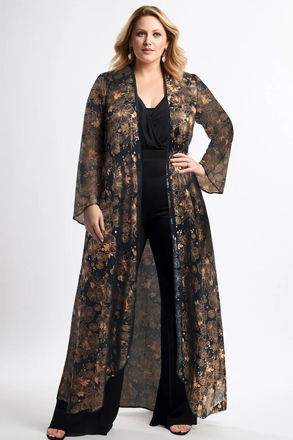 Flycurvy Plus Size Wedding Guest Black Mesh Empire Waist Printed Two Pieces Jumpsuit With Jacket 2024 - Flycurvy 