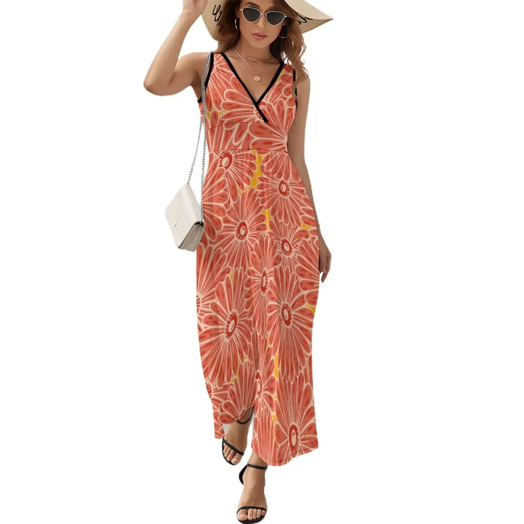 Women's Casual Loose Dresses Red Daisy Floral Tank Maxi Sleeveless Dress