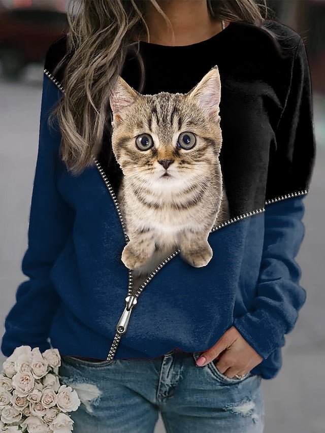 Women's Sweatshirt Cat 3D Print Color Patchwork Casual Streetwear Pullover Hoodies