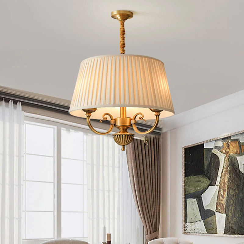 Traditional Vintage Round Cylindrical Copper Fabric 3-Light Pendant Light For Bedroom