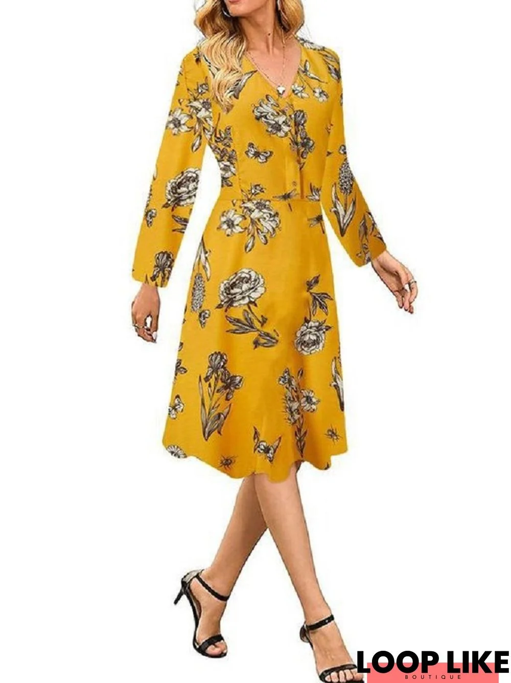 Broken Skirt Slim V-Neck Flower Dress