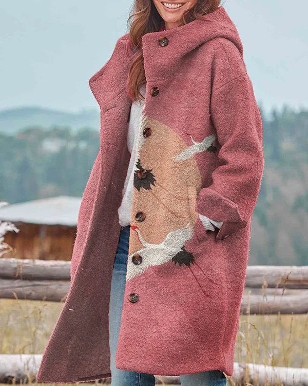 Retro Japanese Crane Print Hooded Casual Jacket