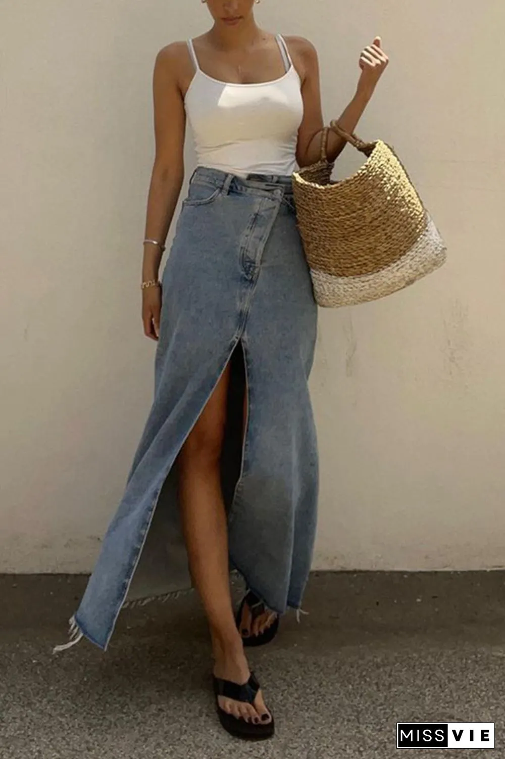 Elegant College Solid Slit Regular High Waist Solid Color Bottoms