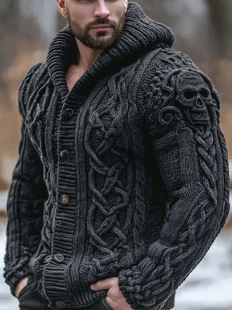 Men's Vintage Skull Celtic Chunky Cozy Hooded Cardigan