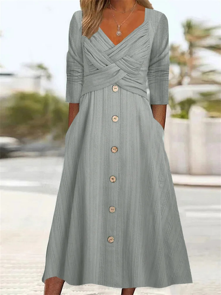 Women's Spring Dress Cross V-Neck High Waist Solid Dress