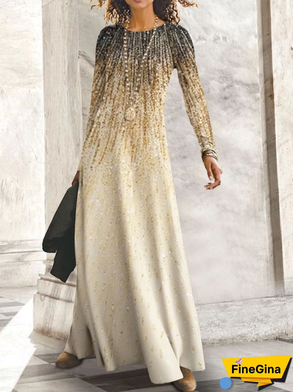 Women Long Sleeve Scoop Neck Printed Maxi Dress