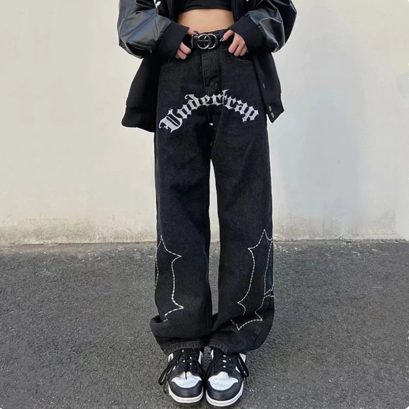 High Street Letter Embroidery Black Oversize Men Hip Hop Jeans