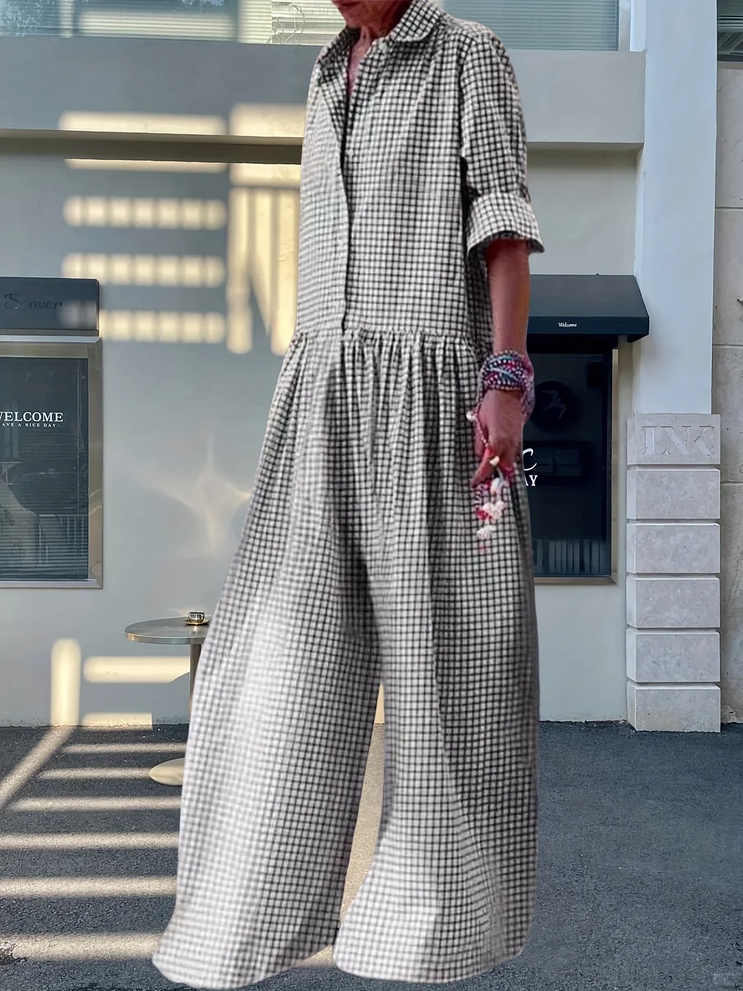 New Women's Checkered Striped Loose Shirt Style Jumpsuit - Suitable For Both Casual And Formal Occasions, Breathable Without Showing Off The Inner Jumpsuit, A Daily Fashionable Outfit, Easy To Maintain Summer Wear, And Non-Transparent Fabric | IFYHOME