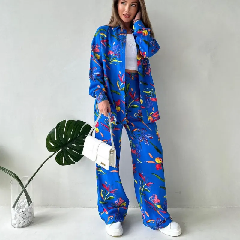 Plus Size Women printed lace-up loose shirt and straight pants two-piece set