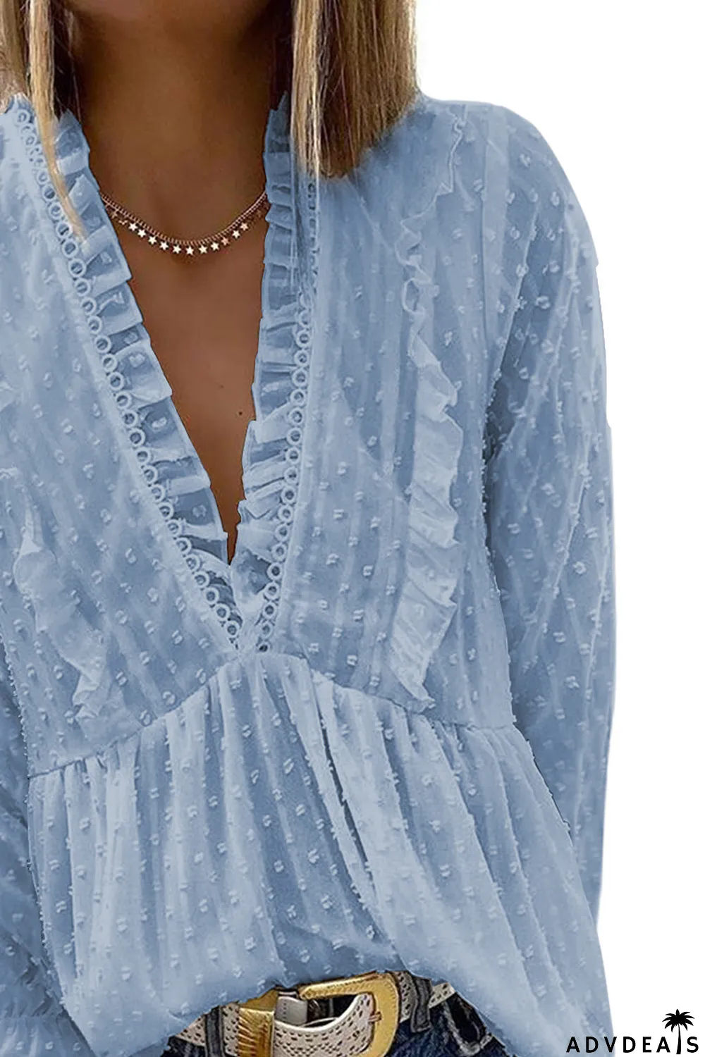 Sky Blue Swiss Dot Long Deep V Neck Pleated Sleeve Top