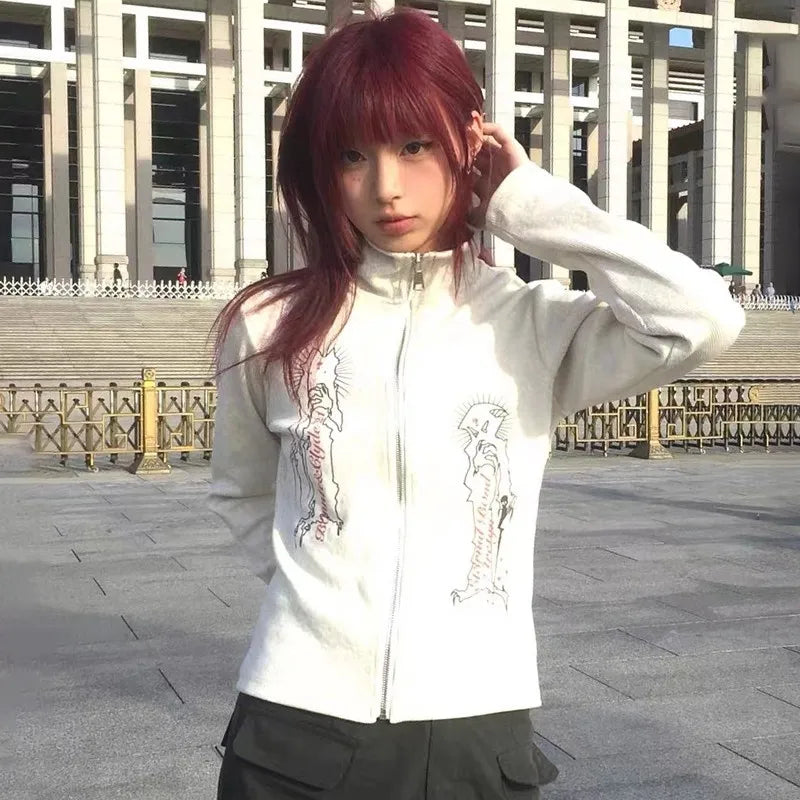 Aiertu Japanese Harajuku Turtleneck Cardigan Vintage Grunge Print Jacket Fairycore Y2k Ribbed Cardigans E-girl Graphic Clothes Aiertu