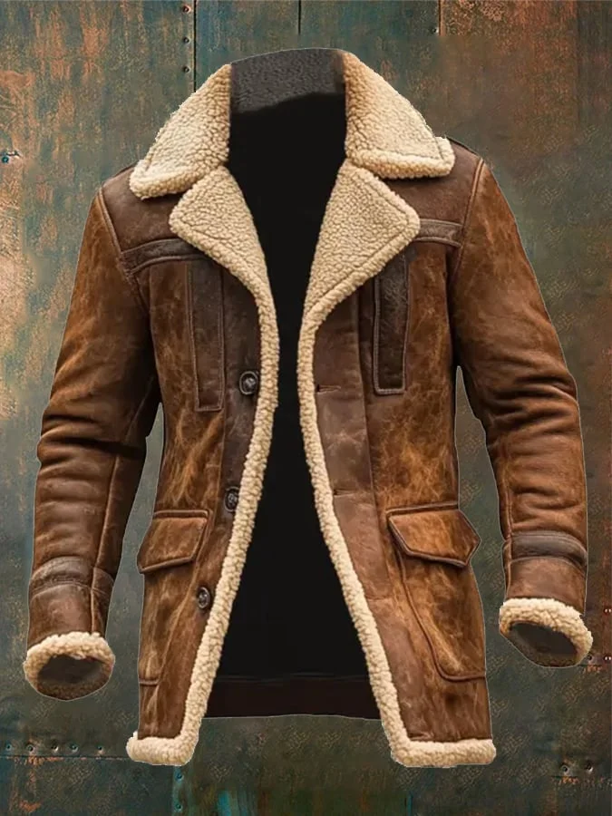 Men's Vintage Suede Patchwork Plush Multi-Pocket Reverse Collar Outdoor Jacket