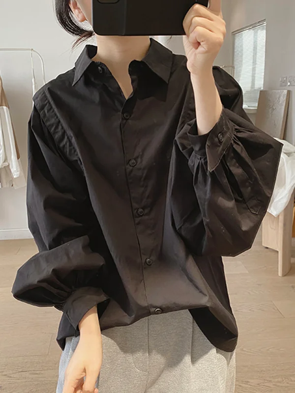 Solid Color Loose Puff Sleeves Lapel Blouses