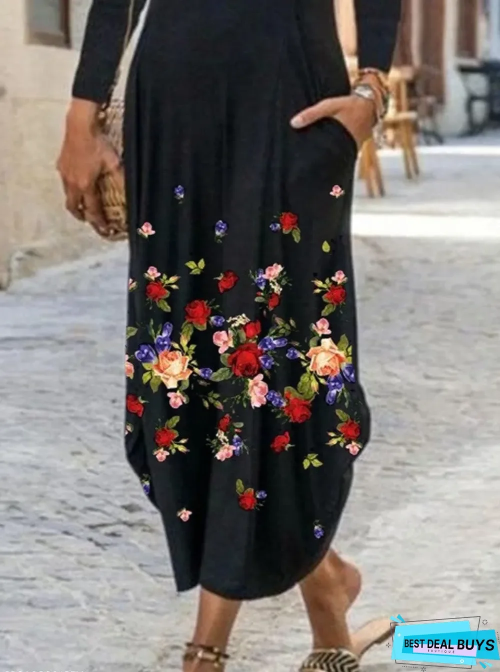 Ladies Floral Print Long Sleeve Maxi Dress Black Dresses
