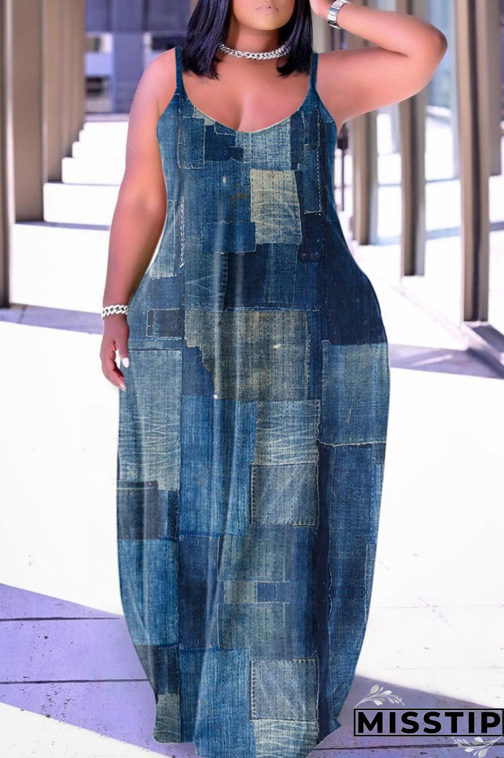 Grey Sexy Casual Print Backless Spaghetti Strap Long Dress Dresses