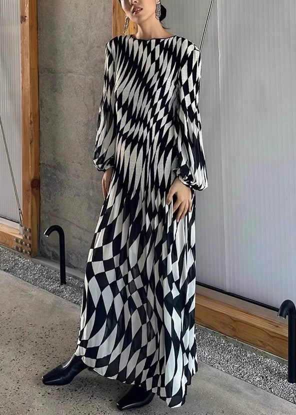 VCSHOES Plaid O-Neck High Waist Chiffon Maxi Dresses Fall