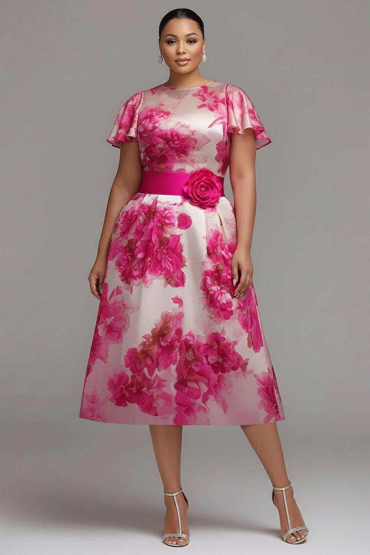 Xpluswear Design Plus Size Business Casual Hot Pink Floral Stand-Up Collar Short Sleeve Pocket Satin Midi Dresses [Pre-Order] 2024 - Xpluswear