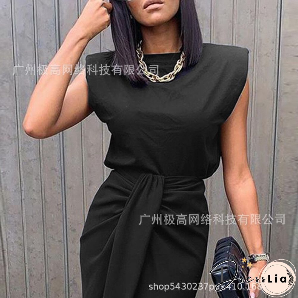 Women's Black Wide Shoulder Twisted High Slit Suit Dress