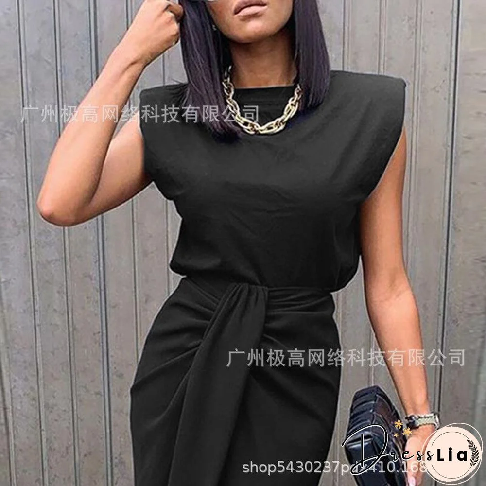 Women's Black Wide Shoulder Twisted High Slit Suit Dress
