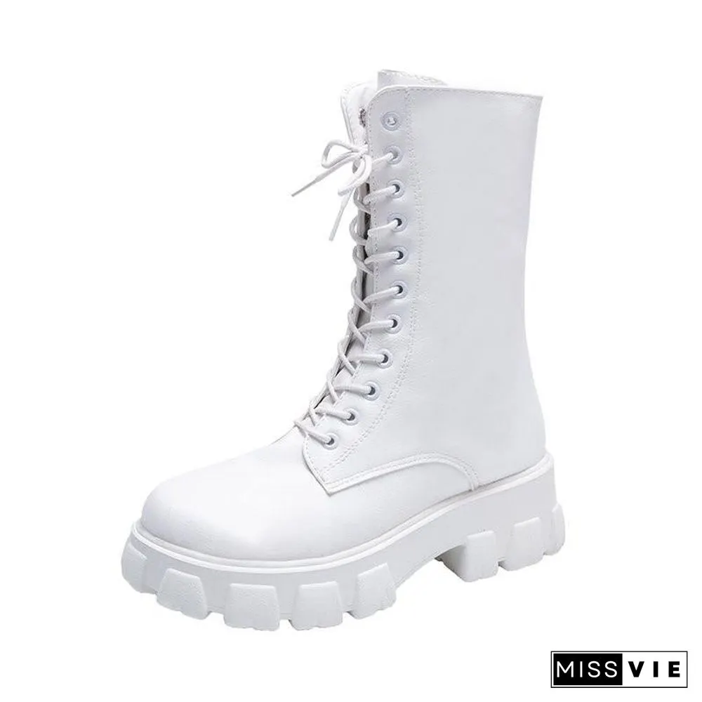 Womens White Boots, Autumn Fashion, Black Leather Platform, Gothic Punk Combat Mid-Calf