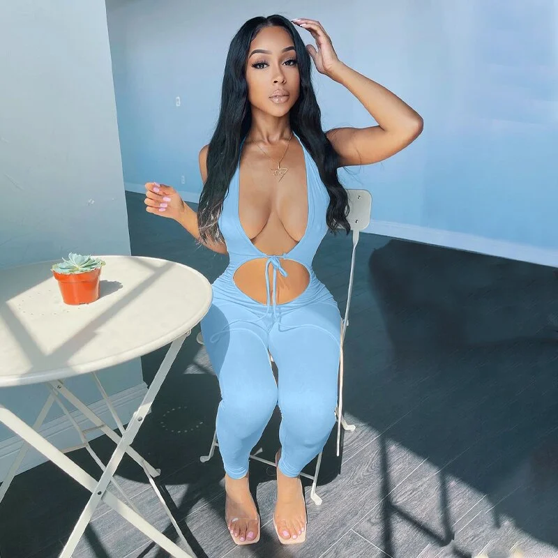 Hugcitar 2021 Sleeveless Low-Cut V-Neck Navel Dress Backless Jumpsuit Summer Women Fashion Streetwear Outfits Romper Y2K