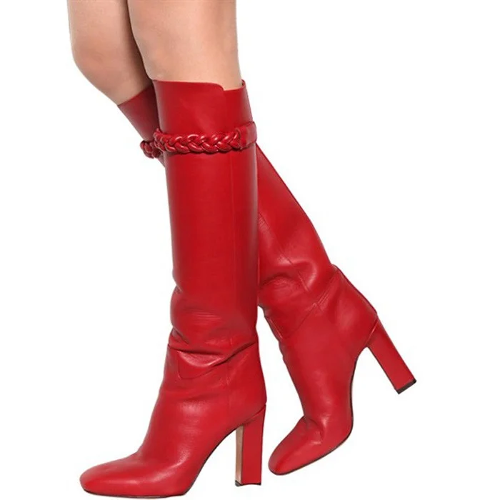 Women's Red Knee Boots Round Toe Chunky Heel Boots |FSJ Shoes