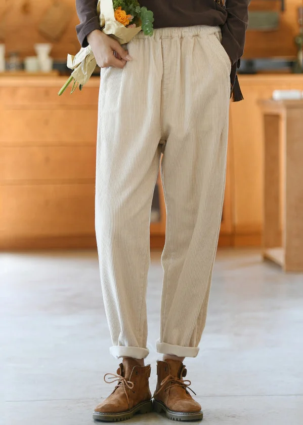 Casual Beige Pockets Elastic Waist Corduroy Pants Spring