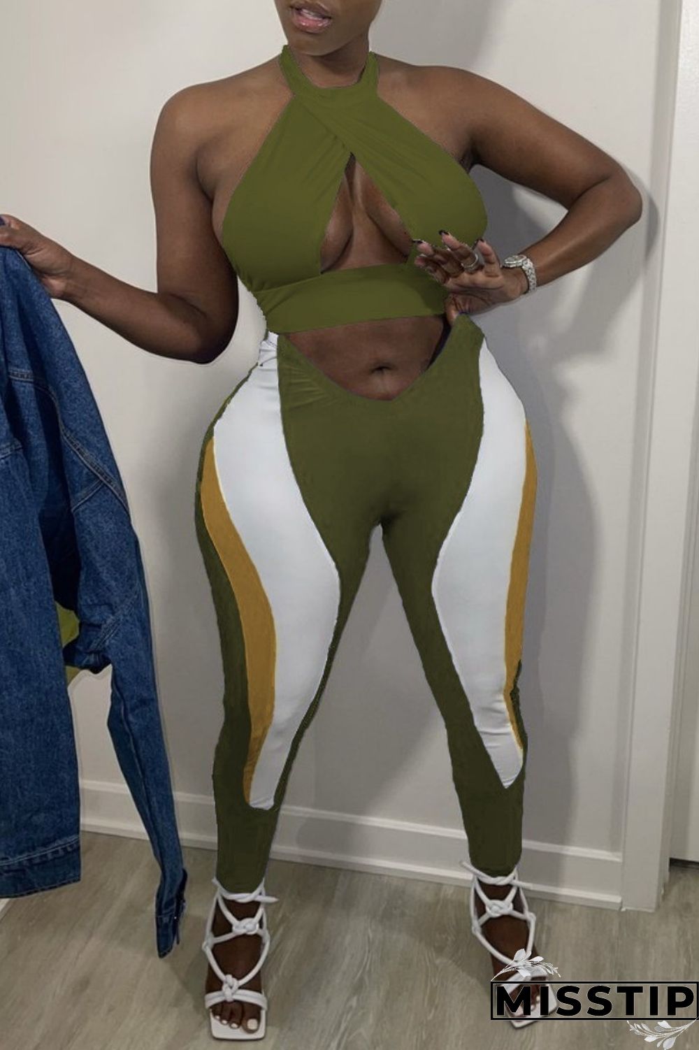 Olive Green Sexy Patchwork Hollowed Out Backless Contrast Halter Sleeveless Two Pieces