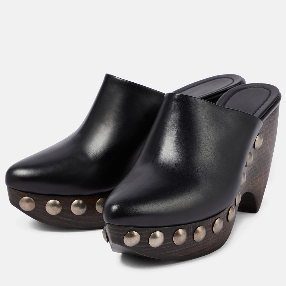 Black Vegan Leather Pointed Toe Wedge Heel Studded Platform Mules Nicepairs