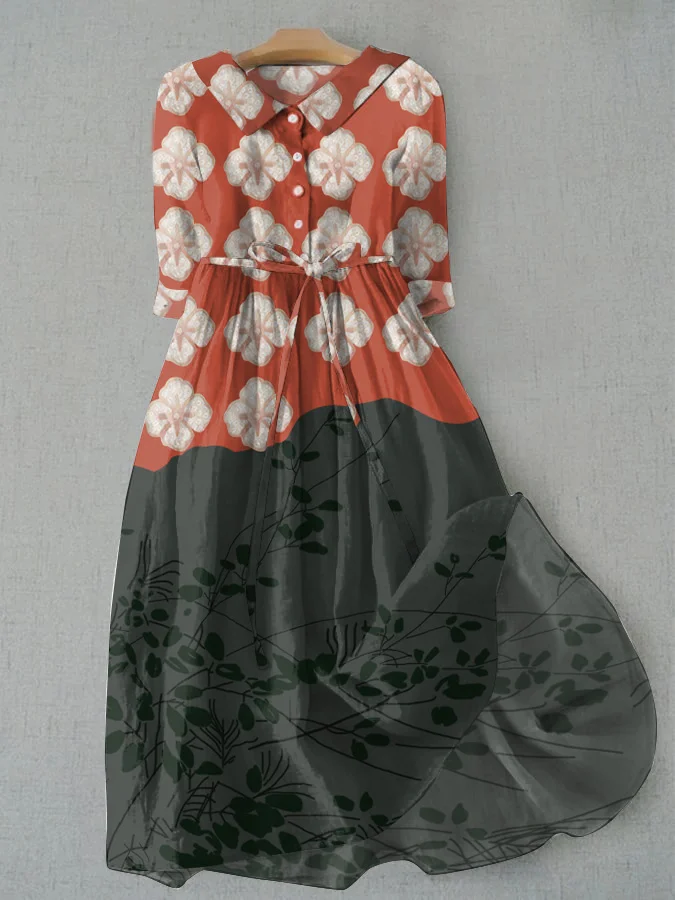 Japanese Style Flower Patchwork Art Print Casual Tie Dress