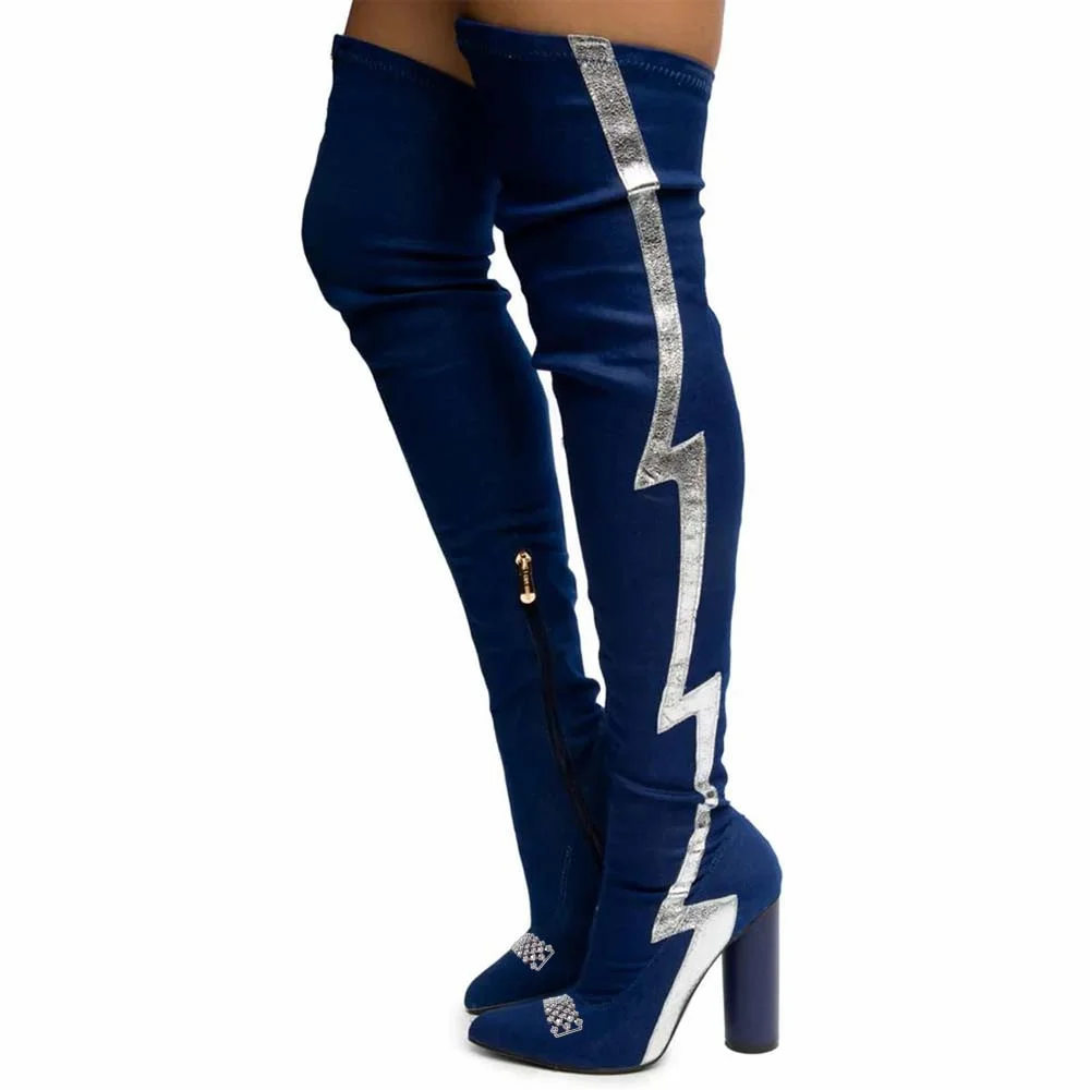 Navy Blue Pointed Toe Over The Knee Boots Autumn And Winter Boots